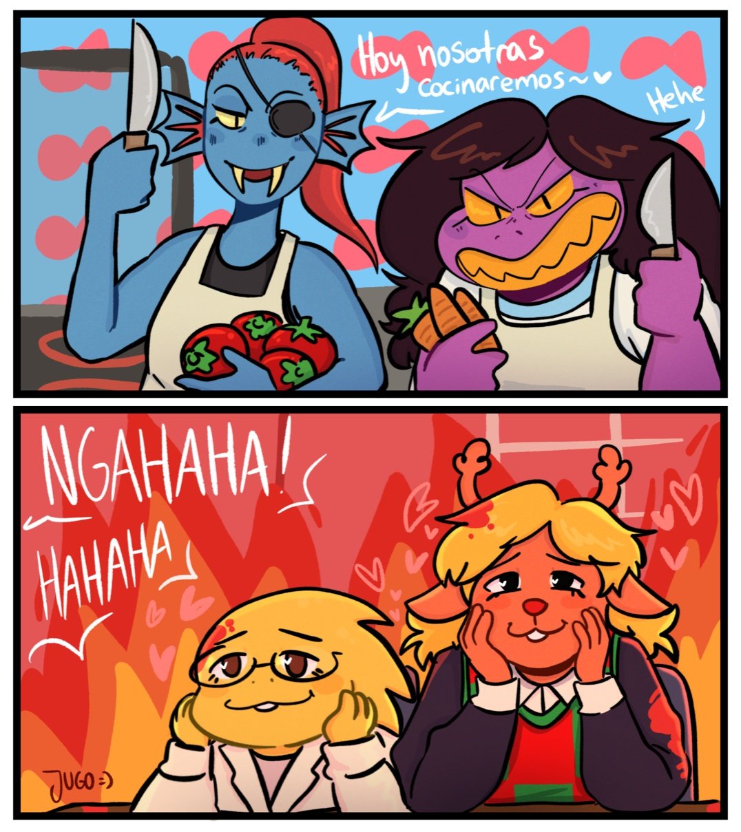 &lt;3 alphys anthro anthro_on_anthro blonde_hair blue_body blue_scales blush blush_stickers brown_body brown_eyes brown_fur brown_hair buckteeth capreoline carrot cervid comic cooking deltarune dialogue dinosaur eye_patch eyewear fangs female female/female fire fish food fruit fur gazing grin hair head_in_hands hi_res humor iliveformyship knife lizard mammal marine noelle_holiday noseless open_mouth open_smile plant ponytail purple_body purple_scales red_hair reindeer reptile scales scalie smile spanish_text susie_(deltarune) teeth text tomato undertale undertale_(series) undyne vegetable video_games yelling yellow_body yellow_scales yellow_sclera