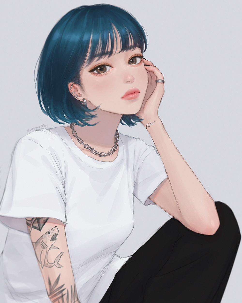 1girl arm_tattoo bangs blue_hair brown_eyes ear_piercing earrings grey_background head_rest highres jewelry lips looking_at_viewer necklace original piercing ring shirt short_hair sitting solo t-shirt tattoo umigraphics