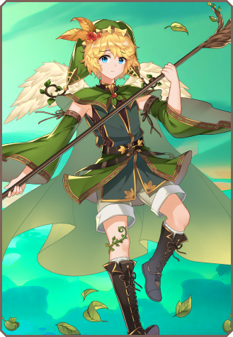 androgynous artist_request black_footwear blonde_hair blue_eyes boots border cape capelet cross-laced_footwear detached_sleeves elona elona_mobile falling_leaves feathered_wings feet_out_of_frame flying foot_up green_cape green_capelet green_headwear green_shorts green_theme hair_ornament hand_up hat holding holding_weapon jester_cap knee_boots kneehighs kumiromi_of_harvest lace-up_boots leaf leaf_hair_ornament looking_at_viewer lowres male_focus official_art plant short_hair shorts solo standing vines weapon white_wings wide_sleeves wings