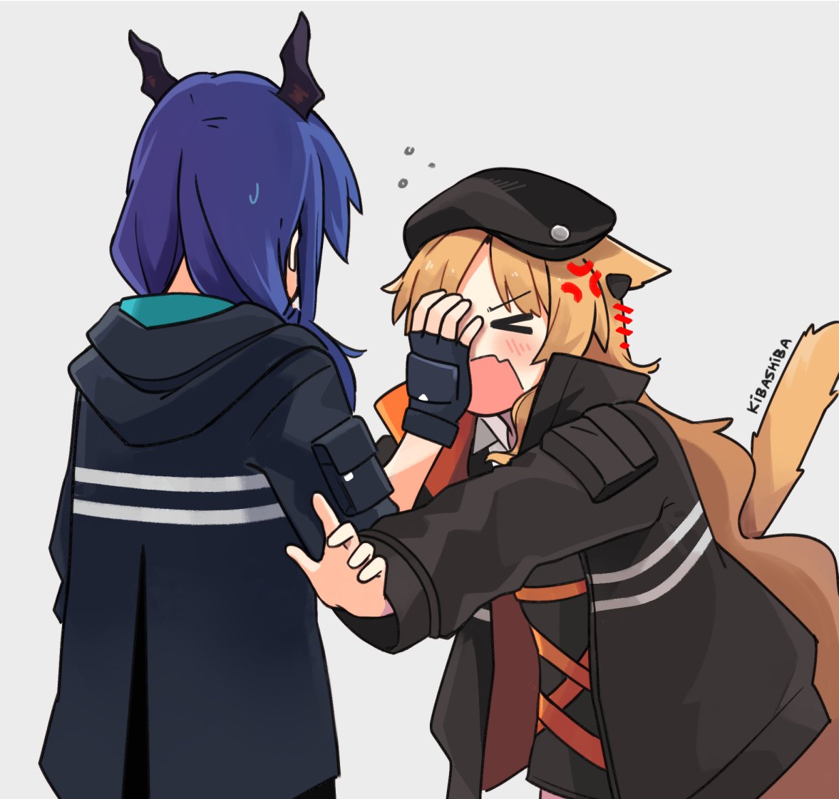 &gt;_&lt; 2girls anger_vein animal_ears arknights artist_name beret black_gloves black_headwear black_jacket black_shirt blue_hair ch'en_(arknights) cowboy_shot dragon_horns earpiece eyebrows_visible_through_hair fingerless_gloves gloves grey_background hand_on_another's_face hat hood hood_down hooded_jacket horns jacket kibashiba long_hair low_twintails multiple_girls open_clothes open_jacket open_mouth orange_hair pushing_away reaching_out shirt simple_background sweatdrop swire_(arknights) tail tail_raised tiger_ears tiger_girl tiger_tail twintails v-shaped_eyebrows wavy_hair