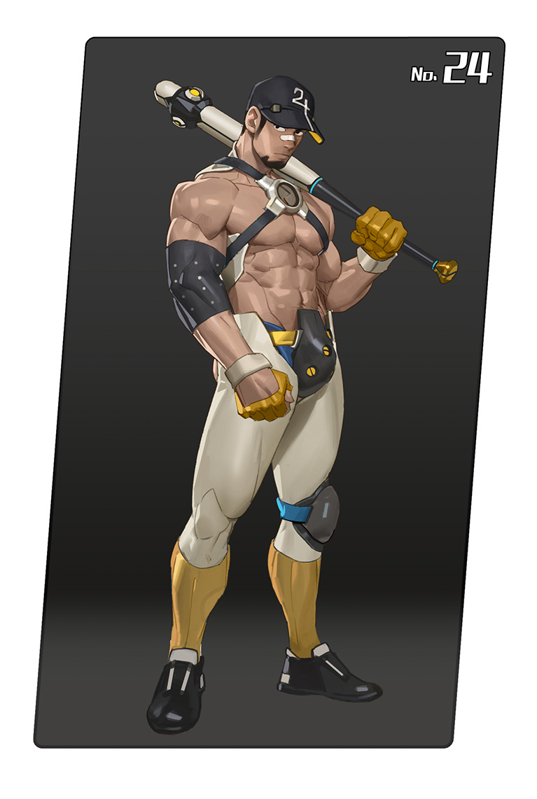 1boy abs bandaid bandaid_on_face bandaid_on_nose bara baseball_bat baseball_cap beard biceps black_hair chest_harness clenched_hands crotch_plate elbow_gloves facial_hair gloves harness hat knee_pads large_pectorals leg_armor long_sideburns looking_at_viewer male_focus manly mature_male muscular muscular_male original pants pectorals shoes sideburns solo tangbingla topless_male