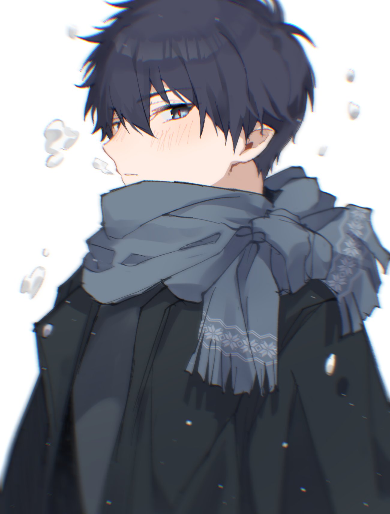 1boy ao_no_exorcist aoirnn black_coat black_hair blue_eyes blue_scarf coat eyebrows_visible_through_hair grey_background highres male_focus okumura_rin open_clothes open_coat parted_lips pointy_ears red_pupils scarf simple_background slit_pupils snow snowflake_print snowing solo upper_body