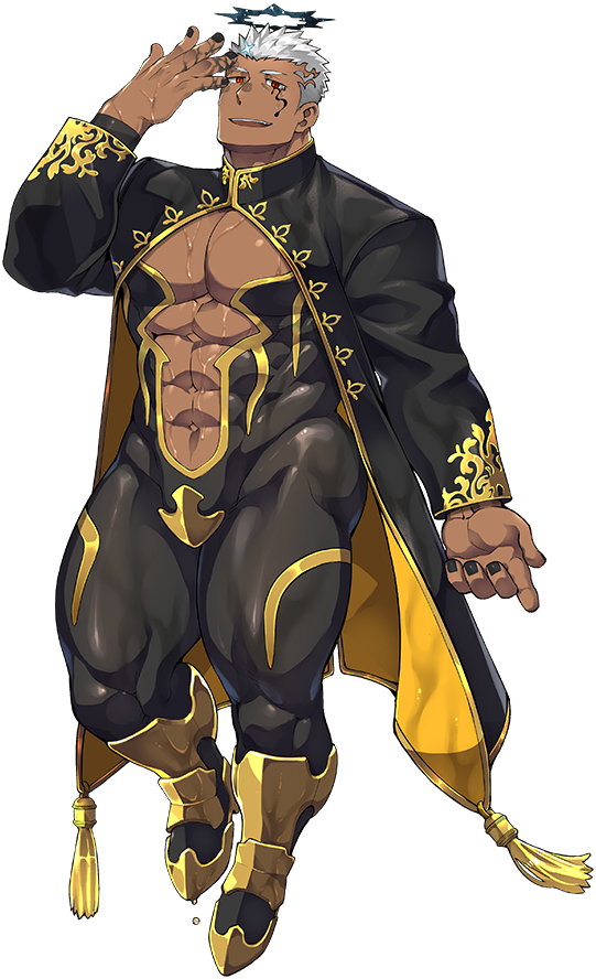 1boy abs alpha_transparency bara black_nails bodysuit boots cape collared_cape dark-skinned_male dark_skin facial_tattoo halo israfil_(housamo) liquid long_sleeves looking_at_viewer male_focus manly mature_male muscular muscular_male naop_(anything) official_art pectoral_cleavage pectorals red_eyes relaxed solo sparkle spiked_hair sweat tattoo teeth thick_thighs thighs third-party_source tight tokyo_afterschool_summoners tongue transparent_background white_hair