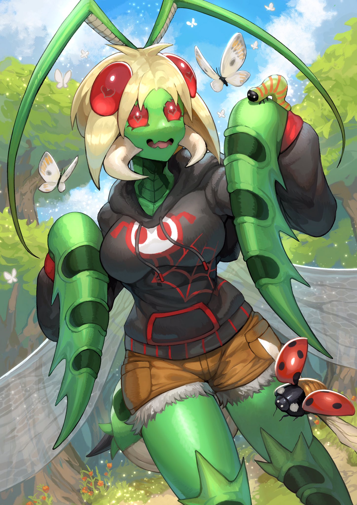 1girl animal_on_arm antennae arthropod_girl arthropod_limbs black_hoodie blonde_hair brown_shorts bug butterfly carapace caterpillar claws cloud cloudy_sky colored_skin compound_eyes cowboy_shot extra_eyes fangs flower fur-trimmed_shorts fur_trim green_skin heart heart-shaped_pupils highres hood hoodie insect_wings ladybug long_sleeves looking_at_animal mandibles mantis_girl monster_girl orange_flower original red_eyes short_hair short_shorts shorts skin_fangs sky smile solo sumosamo symbol-shaped_pupils tree wings