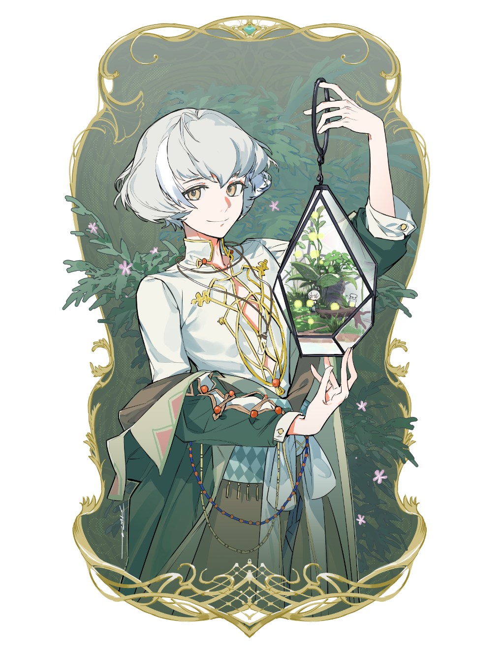 1boy alchemy_stars arm_up bangs beads closed_mouth clothes_around_waist coat flower framed green_coat grey_hair hand_up high_collar highres jewelry long_sleeves looking_at_viewer male_focus necklace off_shoulder plaid plaid_skirt ruint shirt short_hair skirt smile solo sylva_(alchemy_stars) terrarium upper_body white_shirt yellow_eyes