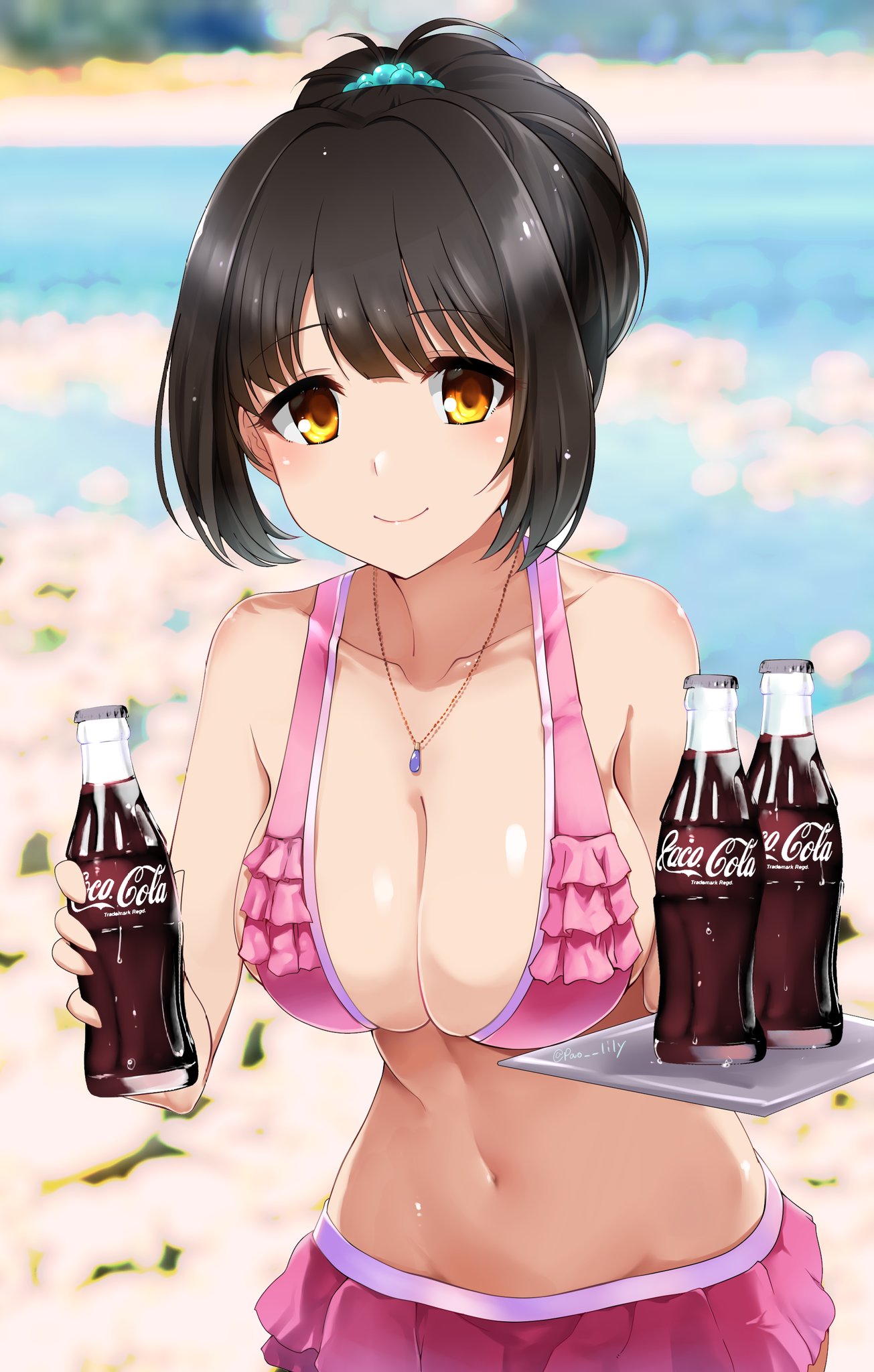 bangs black_hair blurry blurry_background bottle breasts cleavage coca-cola cola collarbone commentary_request day eyebrows_visible_through_hair frilled_swimsuit frills highres holding holding_bottle holding_tray idolmaster idolmaster_cinderella_girls jewelry large_breasts light_blush long_hair looking_at_viewer navel necklace outdoors paopao parody pink_swimsuit ponytail riverbank sidelocks smile solo stomach swimsuit swimsuit_skirt takafuji_kako tray water yellow_eyes