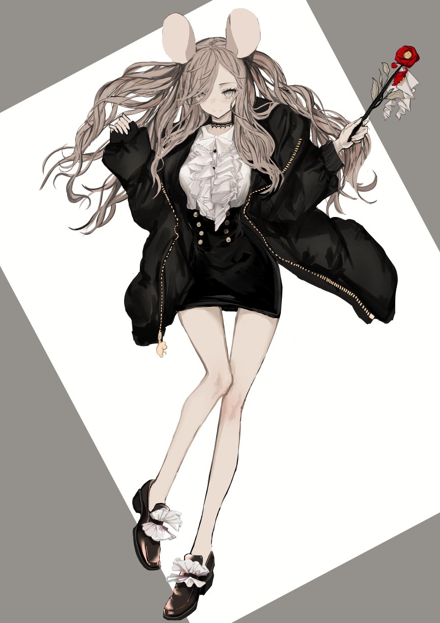 1girl animal_ears black_choker black_coat black_skirt brown_footwear buttons choker closed_mouth coat double-breasted flower frilled_shirt frills grey_eyes grey_hair high-waist_skirt highres holding holding_flower long_hair long_sleeves looking_at_viewer miniskirt mouse_ears narue open_clothes open_coat original shirt shoes skirt sleeves_past_wrists smile solo white_shirt