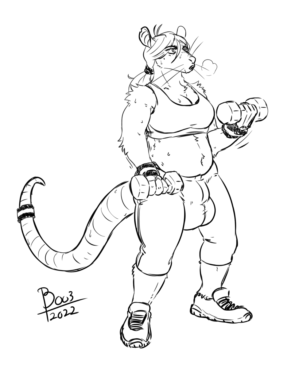ambiguous_gender anthro athletic_wear bodily_fluids boo3 breasts bulge cleavage clothed clothing dumbbell exercise gynomorph hair hi_res intersex jj_(boo3) long_hair mammal mild_hyper murid murine nonbinary_(lore) notched_ear rat rodent slightly_chubby solo sweat weights