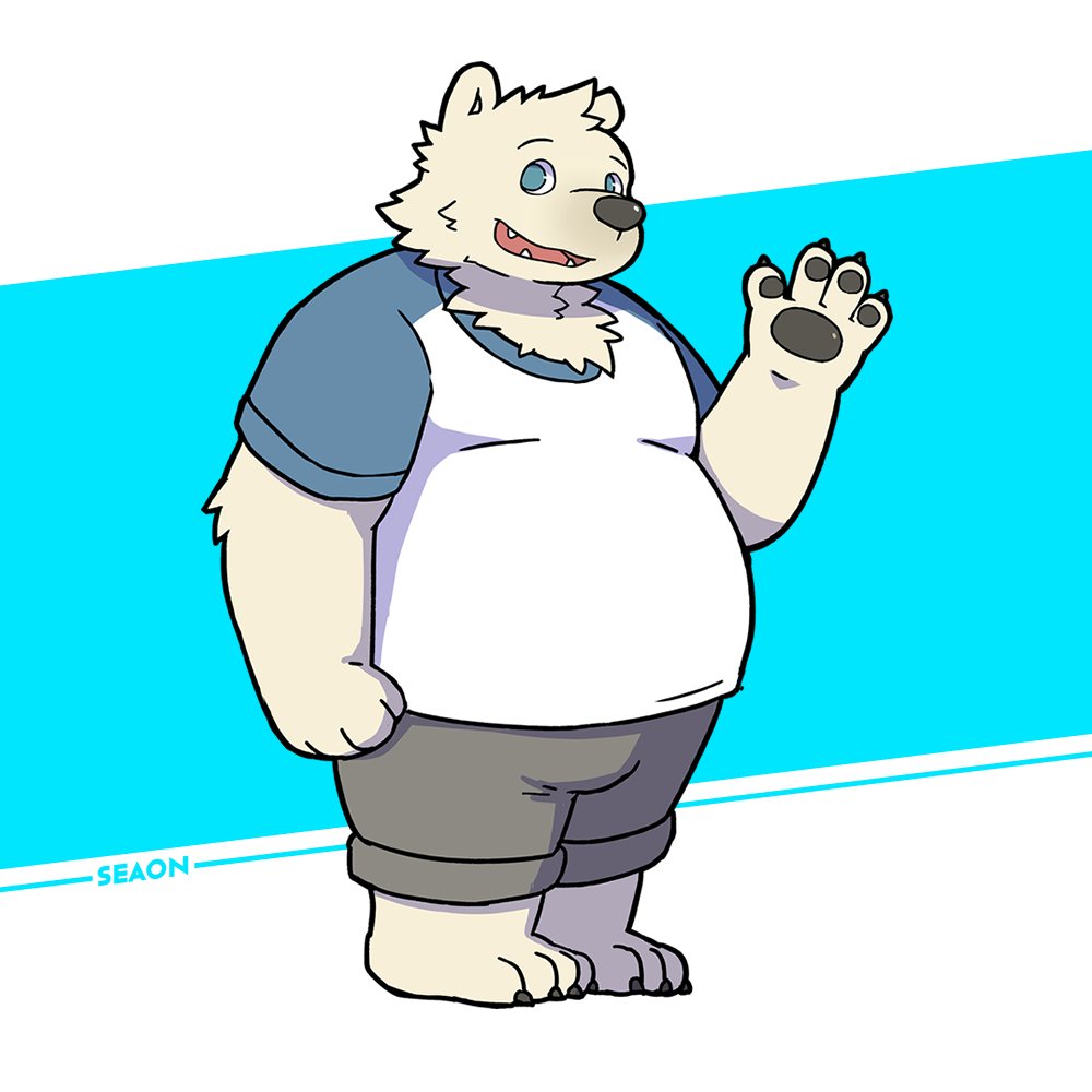 2022 anthro belly big_belly black_nose blue_eyes bottomwear clothing cute_fangs flappydog humanoid_hands kemono male mammal overweight overweight_male polar_bear shirt shorts simple_background solo topwear ursid ursine white_body