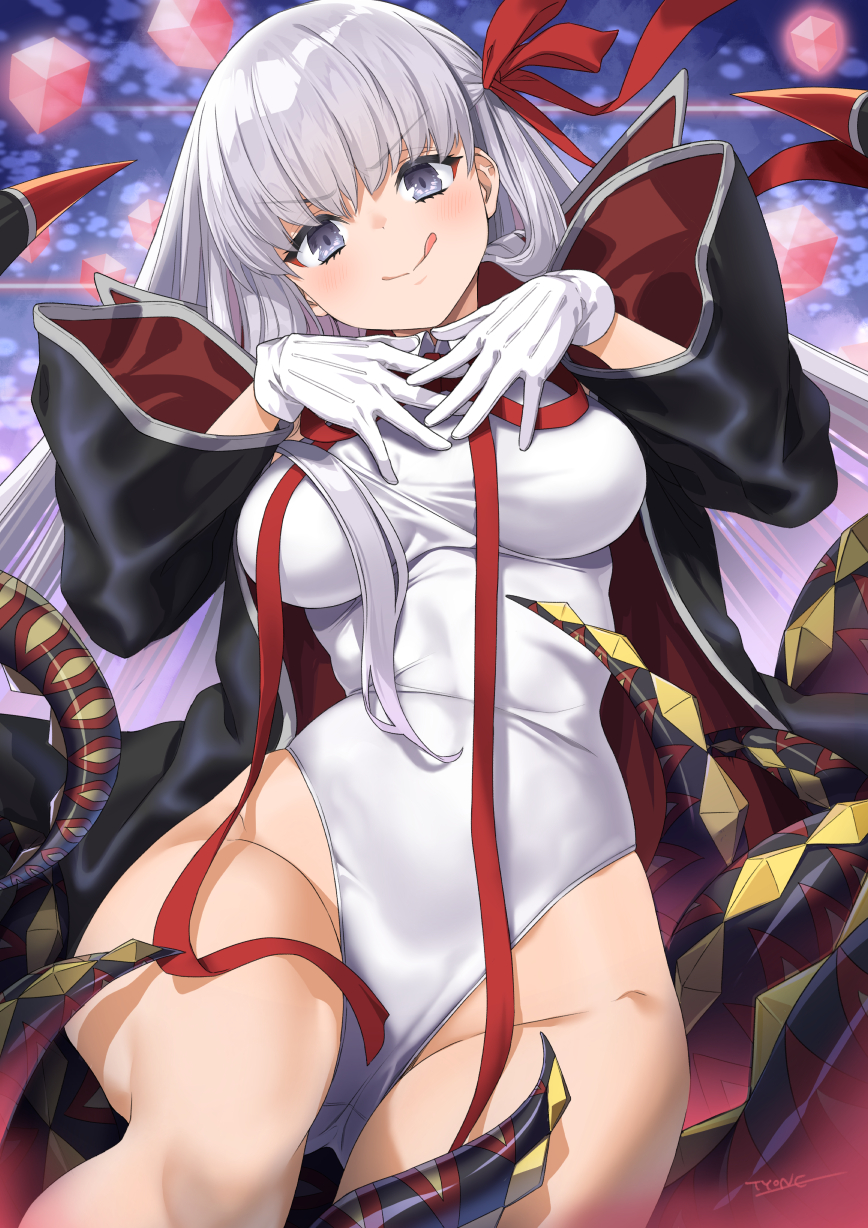 1girl bangs bare_shoulders bat_wings bb_(fate) bb_(swimsuit_mooncancer)_(fate) black_coat blush breasts coat cube fate/grand_order fate_(series) gloves hair_ribbon highleg highleg_leotard highres large_breasts leotard licking_lips long_hair looking_at_viewer neck_ribbon open_clothes open_coat popped_collar purple_eyes purple_hair red_ribbon ribbon smile solo_focus tentacles thighs tongue tongue_out tyone very_long_hair white_gloves white_leotard wings