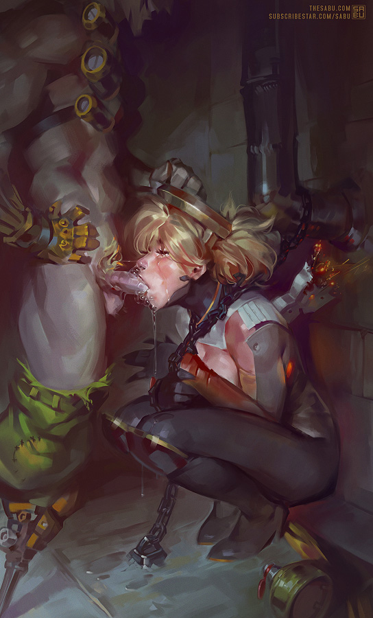 1boy 1girl black_legwear blonde_hair boots breasts broken captured chain chain_leash chained cleavage closed_eyes clothed_female_nude_male cum cum_in_mouth dark-skinned_male dark_skin english_commentary fellatio grin hetero junkrat_(overwatch) knee_boots leash mechanical_arms mechanical_halo mechanical_wings medium_breasts mercy_(overwatch) muscular muscular_male nude oral overwatch pantyhose peg_leg penis power_suit rape sabu_(sabudenego) single_mechanical_arm slave smile solo_focus tears uncensored wings