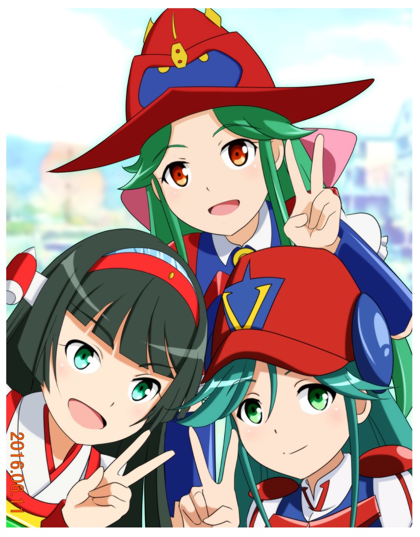 3girls bangs black_hair choudenji_machine_voltes_v choudenji_robo_combattler_v commentary_request daimo-kun dated eyebrows_visible_through_hair green_eyes green_hair hair_ribbon hat hime_cut long_hair looking_at_viewer multiple_girls orange_eyes ribbon robot_girls_z shigoto_manblue shiny shiny_hair sidelocks smile toushou_daimos v v-chan volte-san