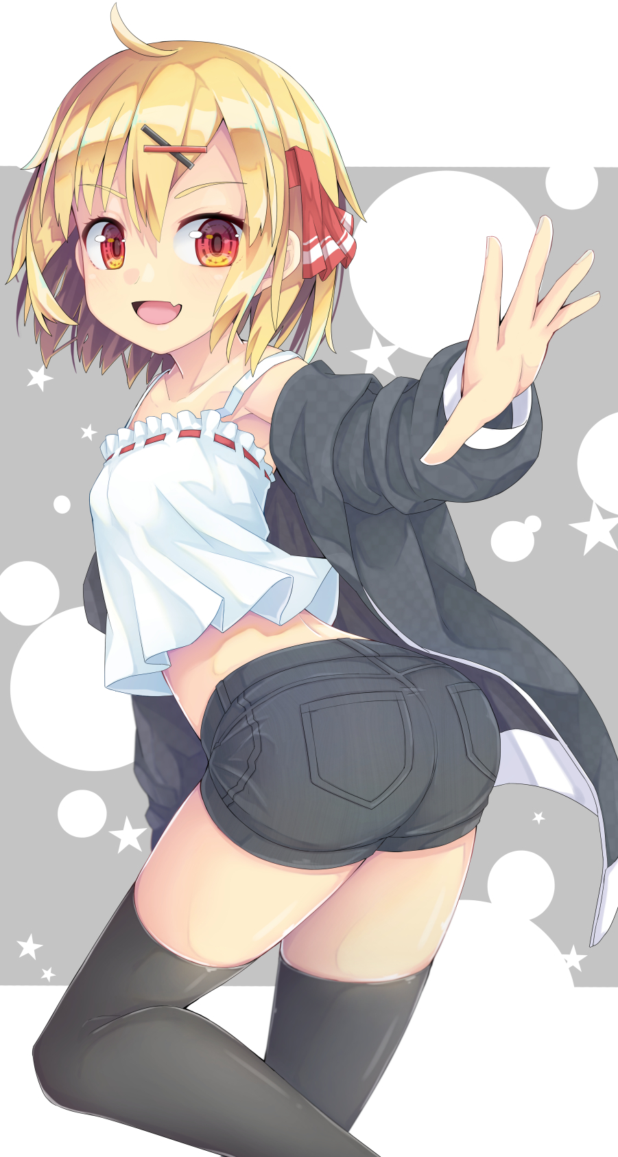 1girl :d ahoge ass bangs bare_shoulders black_jacket black_legwear black_shorts blonde_hair camisole collarbone commentary_request eyebrows_visible_through_hair fang from_behind grey_background hair_between_eyes hair_ornament hair_ribbon hairclip highres jacket long_sleeves looking_at_viewer looking_back off_shoulder open_clothes open_jacket puffy_long_sleeves puffy_sleeves red_eyes red_ribbon ribbon ribbon-trimmed_camisole ribbon_trim rumia short_shorts shorts smile solo star_(symbol) thighhighs touhou twisted_torso two-tone_background uumaru white_background white_camisole x_hair_ornament