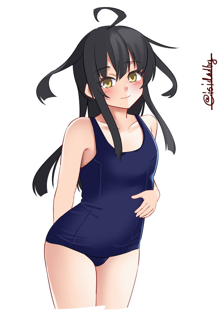 1girl ahoge arms_behind_back black_hair blue_swimsuit collarbone cowboy_shot flat_chest hair_between_eyes hand_on_own_stomach highres ishida_arata jitome kantai_collection long_hair looking_at_viewer mikazuki_(kancolle) school_swimsuit signature simple_background smile solo swimsuit translated twitter_username white_background yellow_eyes