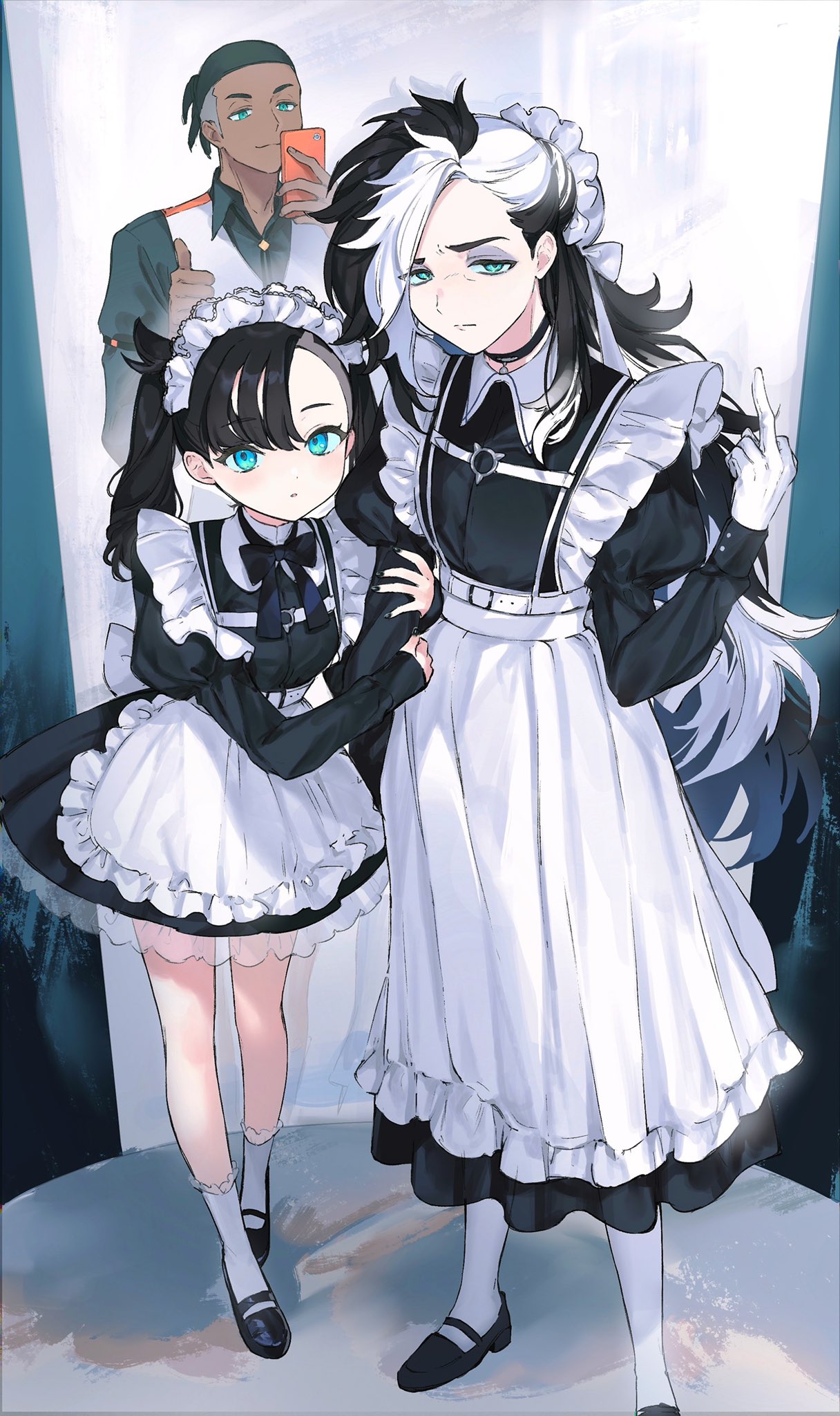 1girl 2boys apron arm_hug black_hair blue_eyes bow bowtie choker commentary_request crossdressing dark-skinned_male dark_skin eyebrows_visible_through_hair gloves highres holding holding_phone long_sleeves looking_at_viewer maid maid_apron maid_headdress marnie_(pokemon) middle_finger multicolored_hair multiple_boys nekoyashiki_pushio phone piers_(pokemon) pokemon pokemon_(game) pokemon_swsh raihan_(pokemon) standing thumbs_up twintails two-tone_hair white_hair