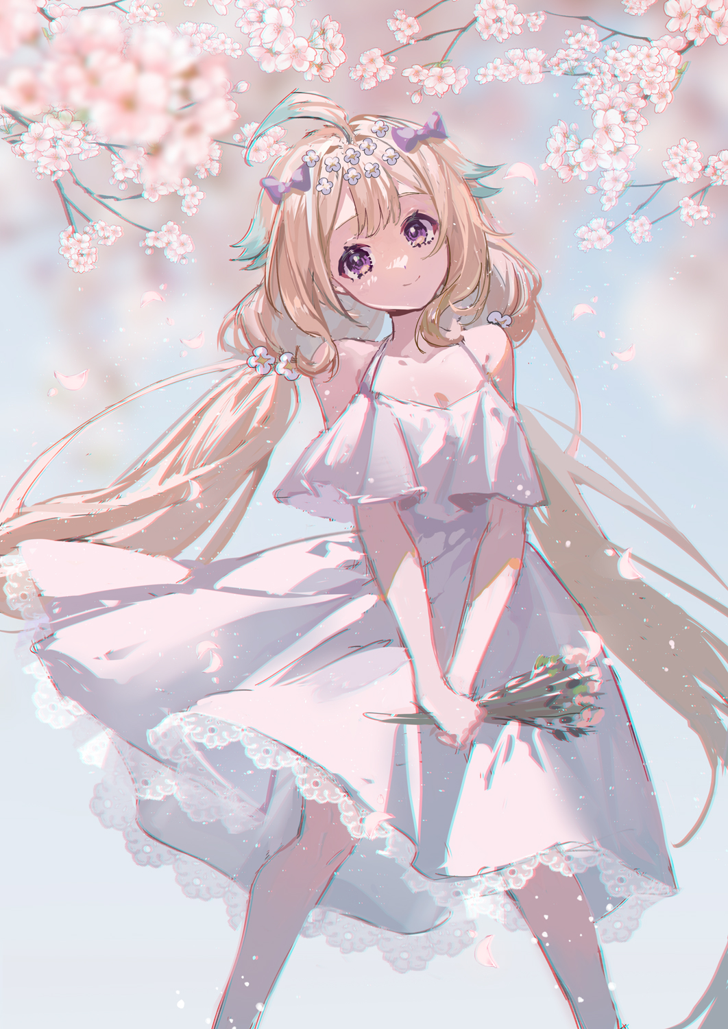 1girl absurdly_long_hair ahoge bare_shoulders bird_girl blonde_hair blue_hair blurry blurry_background blush bow branch breasts cherry_blossoms cleavage dress enna_alouette eyelashes flower frilled_dress frills hair_flower hair_ornament head_wings highres holding holding_flower long_hair looking_at_viewer low_twintails multicolored_hair nijisanji nijisanji_en purple_bow purple_eyes short_sleeves sky small_breasts smile solo sop_side_j twintails very_long_hair virtual_youtuber white_dress wind