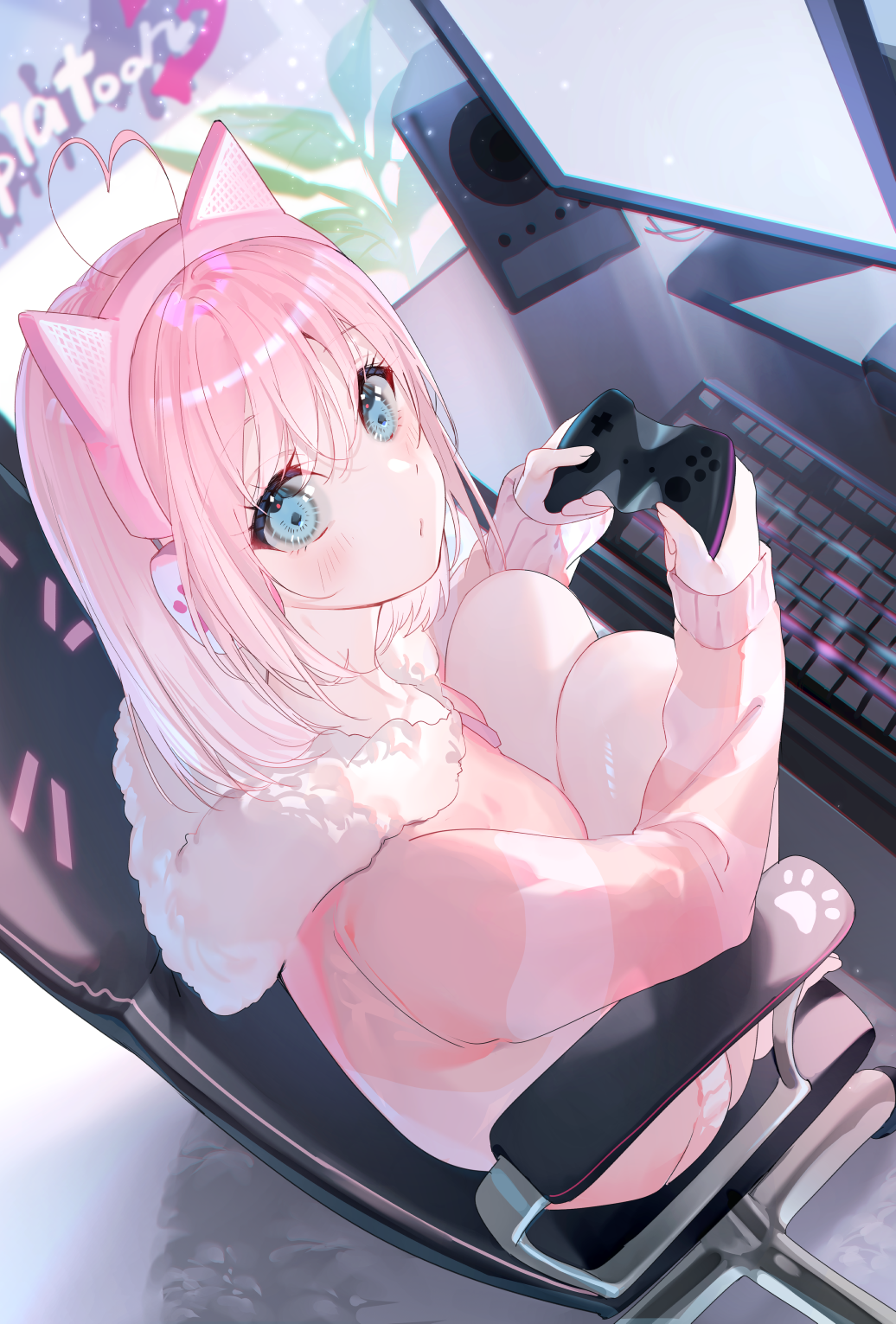 1girl ahoge animal_ears bangs bare_legs barefoot blue_eyes blush cat_ear_headphones chair closed_mouth controller desk eyebrows_visible_through_hair fake_animal_ears from_side full_body game_controller headphones heart_ahoge highres holding holding_controller holding_game_controller hood hood_down hoodie indoors instrument keyboard_(computer) keyboard_(instrument) knees_to_chest knees_up long_hair long_sleeves looking_at_viewer looking_to_the_side miwano_rag monitor no_pants on_chair original pink_hair pink_hoodie playing_games sitting solo speaker
