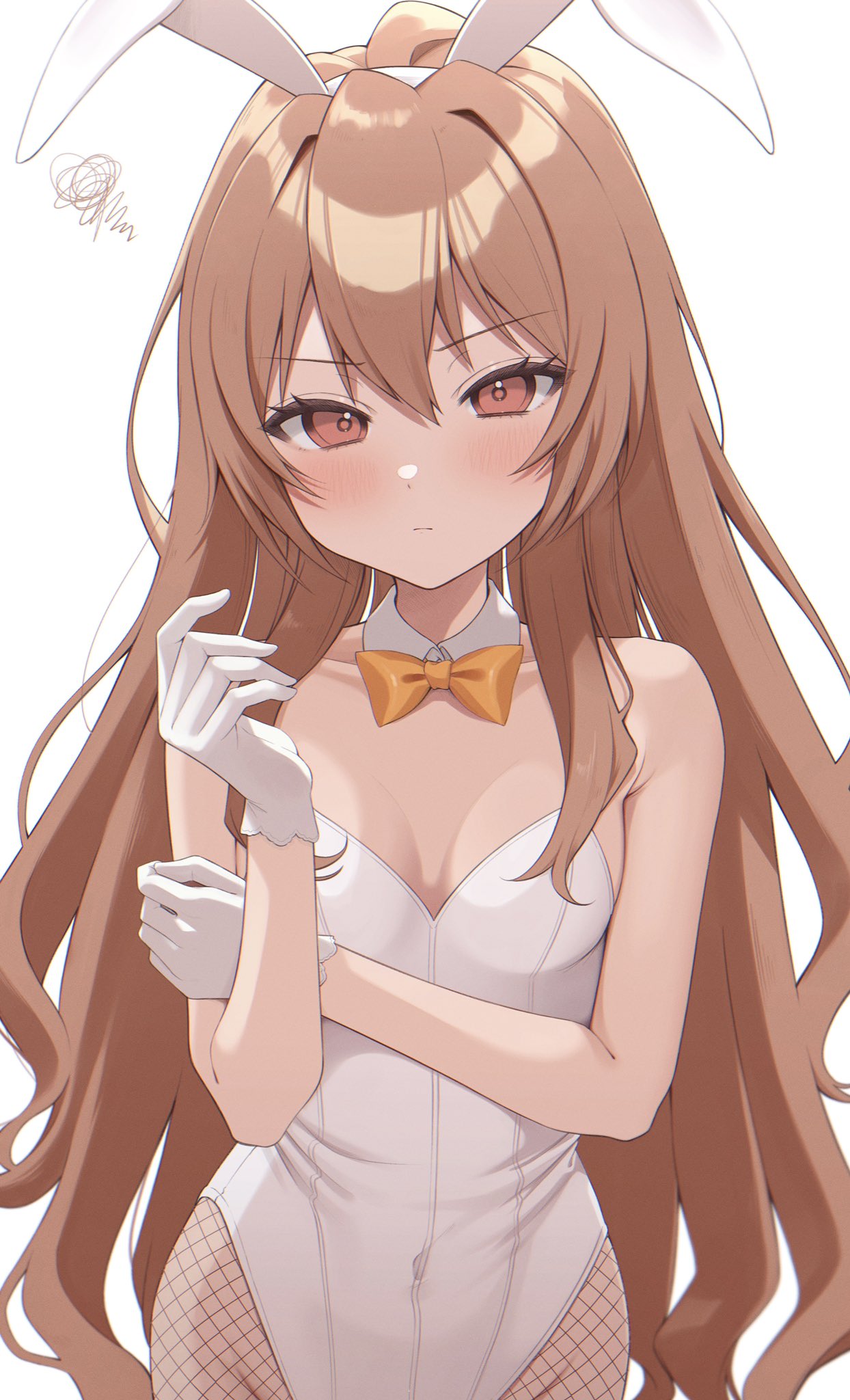 1girl aisaka_taiga animal_ears blush bow bowtie breasts brown_eyes closed_mouth covered_navel cowboy_shot detached_collar eyebrows_visible_through_hair eyelashes fake_animal_ears fishnet_legwear fishnets gloves head_tilt highres leotard light_brown_hair long_hair pantyhose playboy_bunny rabbit_ears simple_background small_breasts solo strapless strapless_leotard takio_(kani_sama) toradora! upper_body very_long_hair white_background white_gloves white_leotard wrist_cuffs