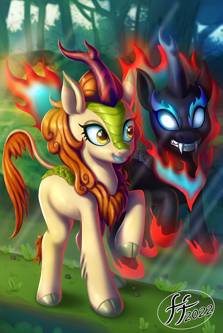 2022 asian_mythology autumn_blaze_(mlp) black_body blue_eyes chinese_mythology cloven_hooves digital_media_(artwork) east_asian_mythology eyelashes fernando_faria fire flaming_hair flaming_mane forest friendship_is_magic hasbro hooves horn kirin mane mirror my_little_pony mythology nirik orange_mane plant pseudo_hair pseudo_mane raised_leg signature tan_body tree yellow_eyes