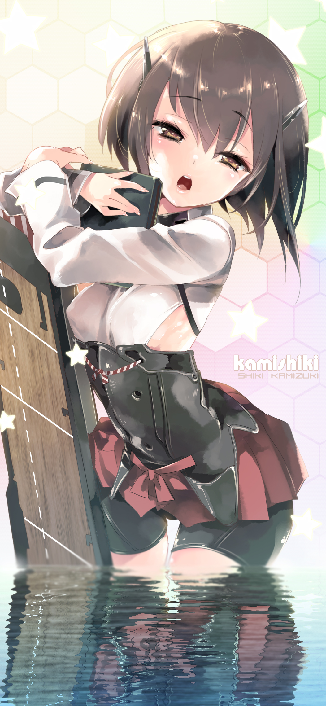 1girl artist_name bangs bike_shorts breasts brown_eyes brown_hair commentary_request eyebrows_visible_through_hair flight_deck hair_between_eyes headgear hexagon highres holding kamizuki_shiki kantai_collection long_sleeves looking_at_viewer open_mouth reflection reflective_water short_hair shorts shorts_under_skirt simple_background small_breasts solo star_(symbol) taihou_(kancolle) water