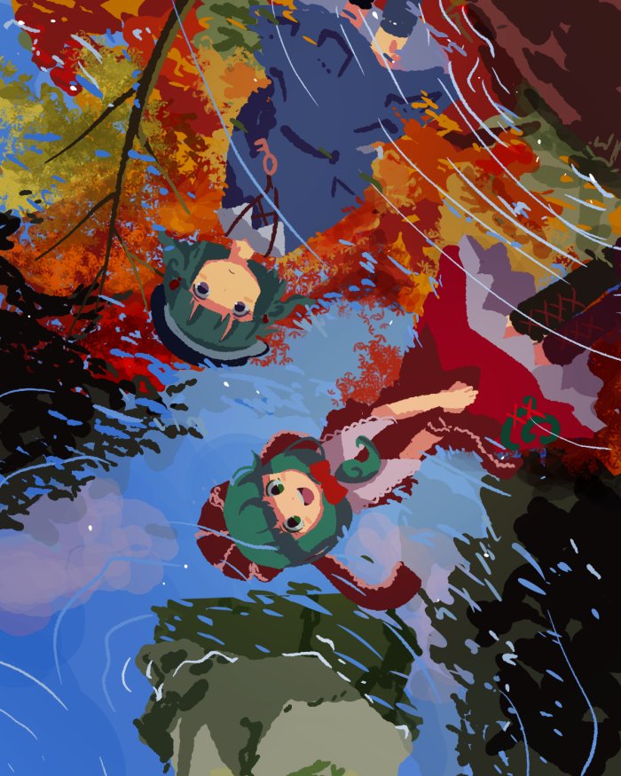 2girls :d autumn_leaves blue_dress blue_eyes blue_headwear blush boots bow closed_mouth cloud commentary cross-laced_footwear day dress dutch_angle flat_cap front_ponytail frown green_eyes green_hair hair_bobbles hair_bow hair_ornament hair_ribbon hat kagiyama_hina kanno_fumiroku kawashiro_nitori key long_hair looking_at_viewer multiple_girls one-hour_drawing_challenge open_mouth outdoors own_hands_together red_bow red_dress red_ribbon reflection ribbon ripples short_twintails sky smile teeth tongue touhou tree twintails upper_teeth upside-down water