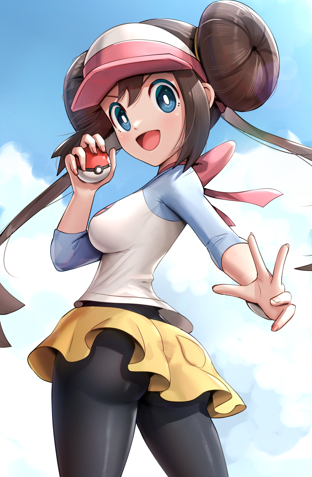 1girl :d ass bag black_legwear blue_eyes blue_sky bow breasts brown_hair cloud double_bun duplicate from_behind gonzarez handbag highres holding holding_poke_ball legwear_under_shorts long_hair looking_at_viewer looking_back medium_breasts open_hand open_mouth pantyhose pink_bow pixel-perfect_duplicate poke_ball pokemon pokemon_(game) pokemon_bw2 raglan_sleeves rosa_(pokemon) shoes short_shorts shorts sky smile sneakers twintails twisted_torso v-shaped_eyebrows very_long_hair visor_cap yellow_shorts