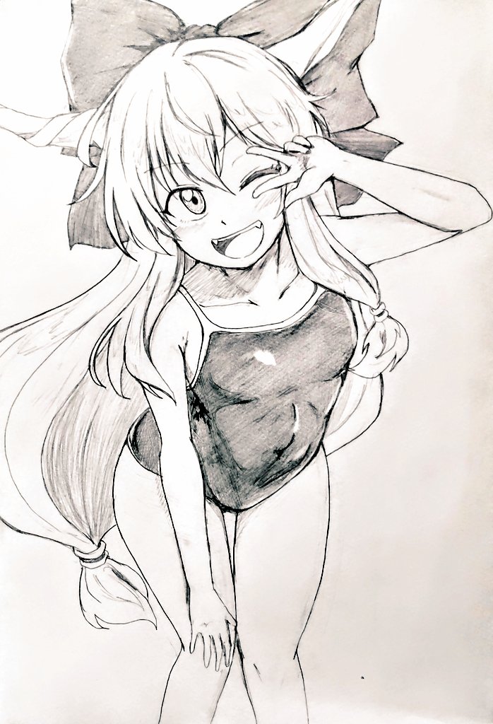 1girl alternate_costume bangs bare_legs bow breasts collarbone commentary_request competition_school_swimsuit competition_swimsuit covered_navel d-m_(dii_emu) eyebrows_visible_through_hair eyelashes fangs greyscale hair_bow hand_on_own_thigh horns ibuki_suika leaning_forward long_hair monochrome one-piece_swimsuit one_eye_closed oni_horns open_mouth sidelocks simple_background sketch small_breasts solo swimsuit touhou traditional_media upper_body v very_long_hair white_background