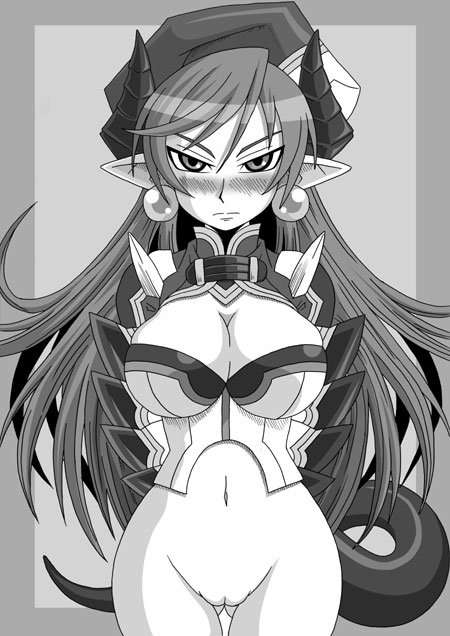 artist_request breasts demon_girl greyscale horns large_breasts melfis monochrome pointy_ears shinrabanshou solo tail wings