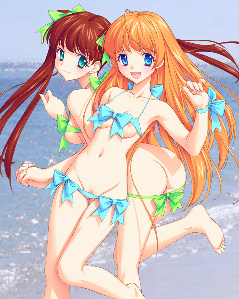 ass barefoot beach blue_eyes breasts copyright_request day feet green_eyes medium_breasts miyama_amehiko multiple_girls naked_ribbon nipple_slip nipples nude outdoors pussy ribbon small_breasts soles toes