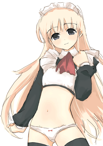 bow bow_panties copyright_request itou_souichi long_sleeves lowleg lowleg_panties maid midriff no_pants panties solo thighhighs underwear white_panties