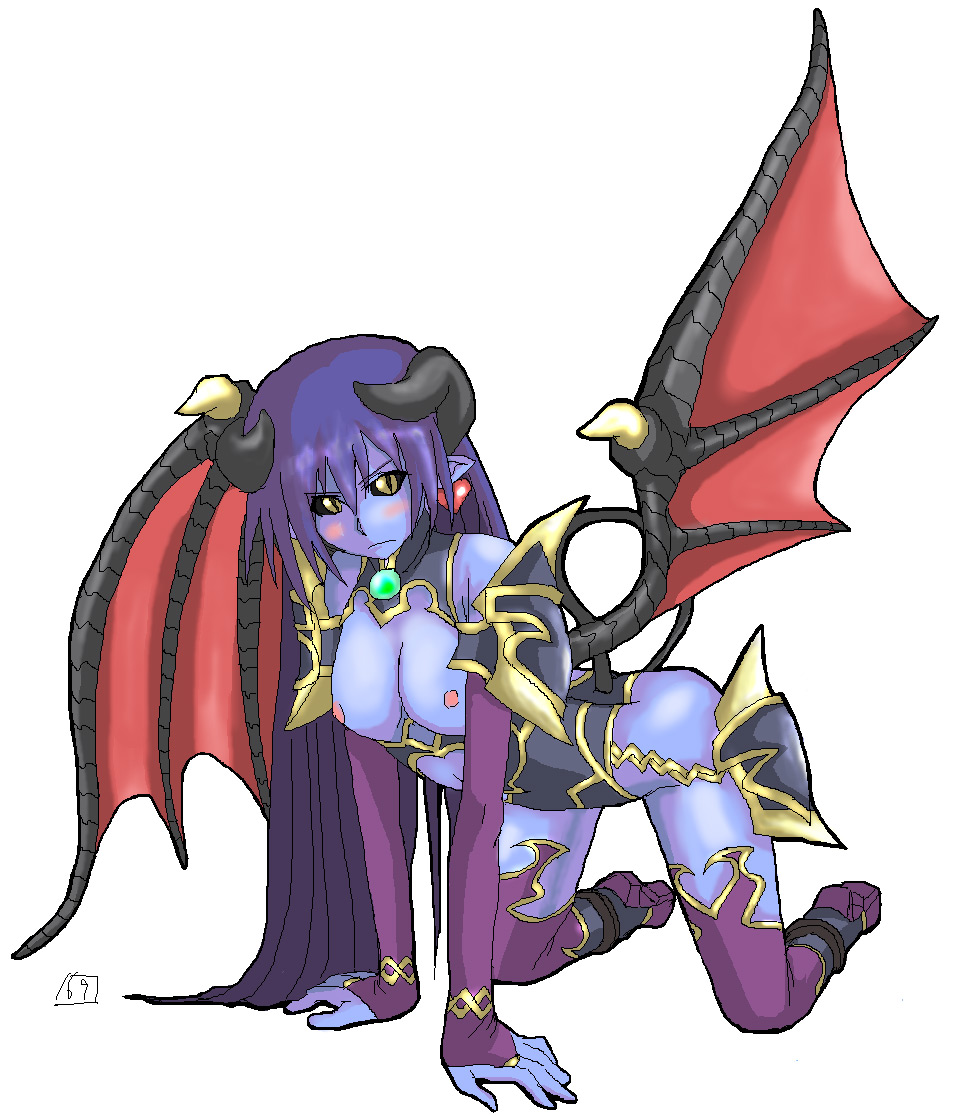 artist_request astaroth_(shinrabanshou) black_sclera blue_skin boots breasts demon_girl horns large_breasts pointy_ears purple_footwear red_wings shinrabanshou solo tail wings