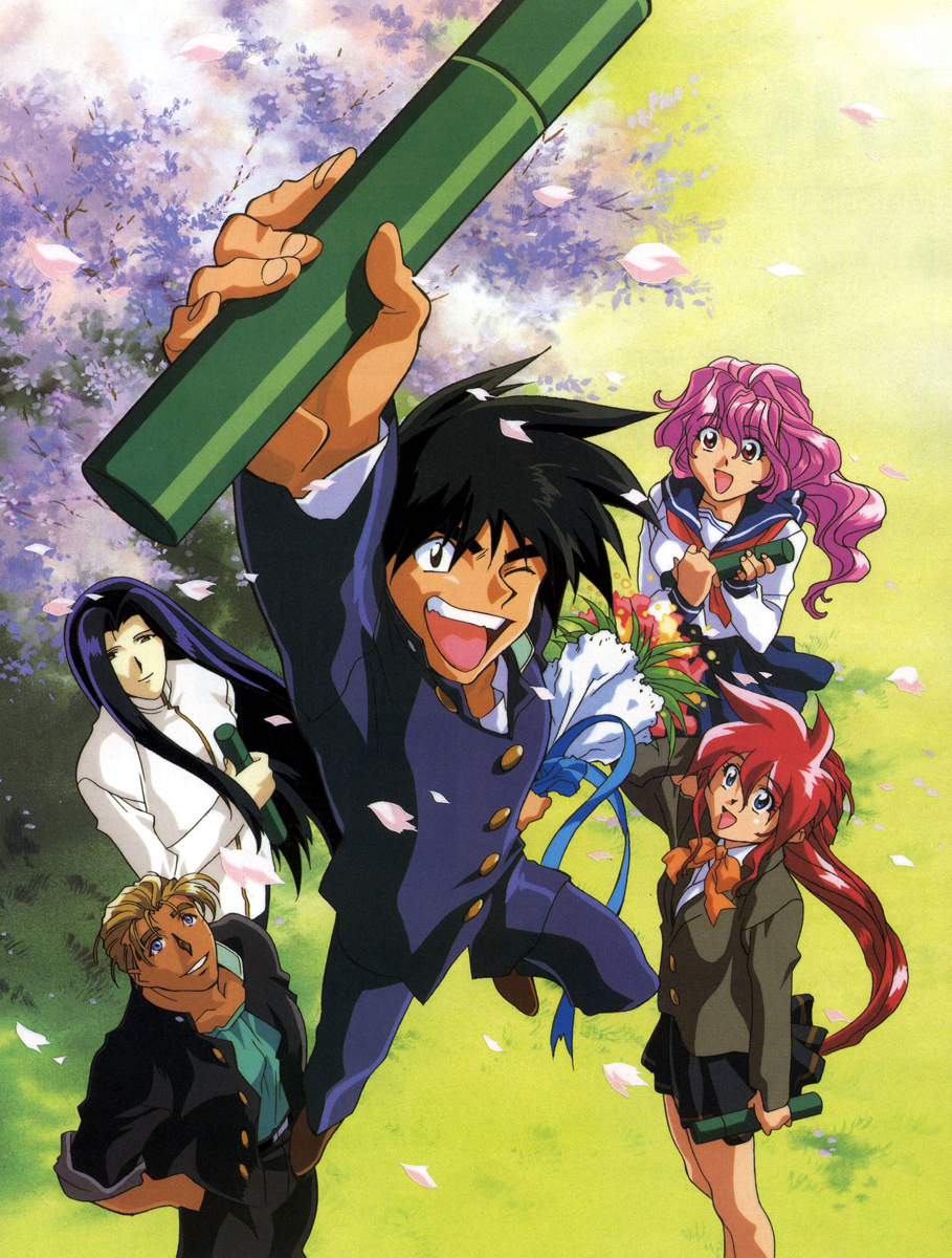 1990s_(style) 2girls 3boys ;d bakuretsu_hunters black_hair blazer blue_sailor_collar bouquet bow carrot_glace cherry_blossoms chocolate_misu flower from_above gateau_mocha gotou_keiji graduation grass highres jacket marron_glace multiple_boys multiple_girls non-web_source official_art one_eye_closed open_mouth petals pink_hair red_hair retro_artstyle ribbon sailor_collar school_uniform serafuku skirt smile spiked_hair tira_misu tree tube