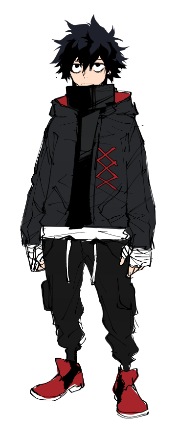1boy bandaged_hand bandages black_eyes black_hair black_jacket closed_mouth grey_background jacket male_focus messy_hair rdkshinku red_sonja shoes shogunned simple_background sketch sneakers solo standing