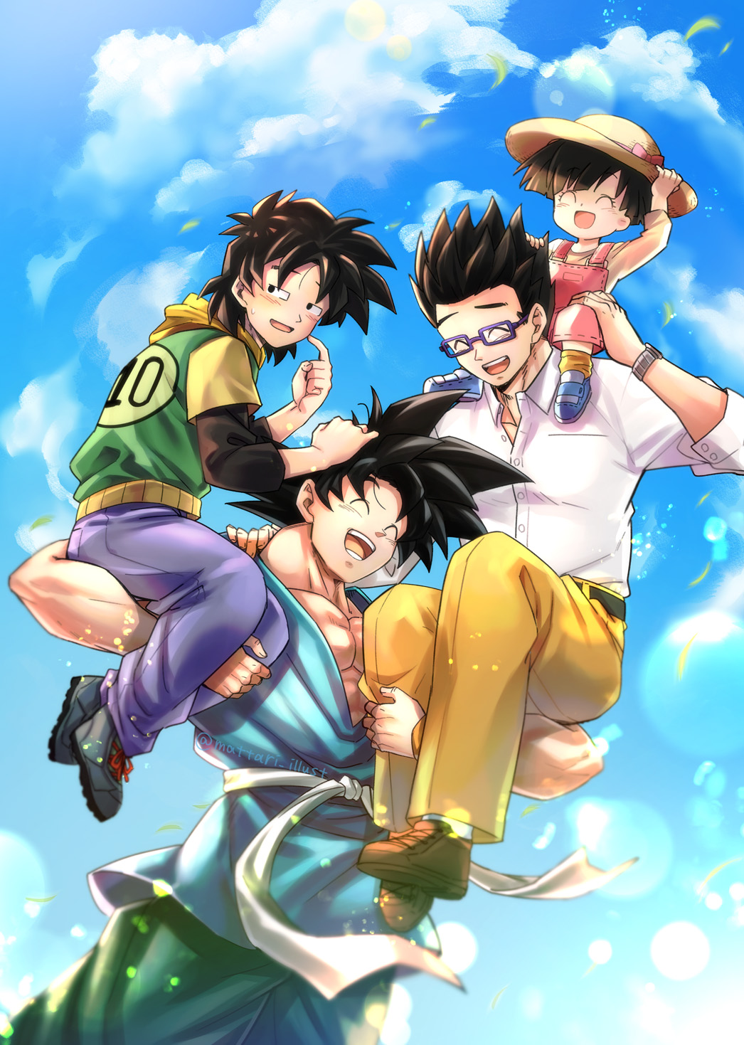 1girl 3boys ^_^ abs arms_up bangs belt black_belt black_hair black_sleeves blue_footwear blue_sky blurry bowl_cut brothers brown_footwear brown_shirt carrying carrying_over_shoulder closed_eyes clothes_lift cloud cloudy_sky collared_shirt cowboy_shot day depth_of_field dougi dragon_ball dragon_ball_z dress_shirt dutch_angle embarrassed father_and_daughter father_and_son finger_to_cheek grandfather_and_granddaughter green_hoodie green_pants grey_footwear half-closed_eyes hand_on_another's_head hand_on_headwear hand_up happy hat hat_ribbon highres hood hood_down hoodie laughing layered_sleeves lens_flare light_blush light_particles long_sleeves loose_socks mattari_illust medium_hair multiple_boys muscular muscular_male obi on_shoulder open_mouth orange_legwear orange_wristband outdoors overalls pan_(dragon_ball) pants parted_bangs partially_unbuttoned pectoral_cleavage pectorals petals pink_overalls pink_ribbon purple_pants ribbon sash shirt shoes short_over_long_sleeves short_sleeves shoulder_carry siblings sideways_glance sitting sitting_on_shoulder sky sneakers socks son_gohan son_goku son_goten spiked_hair straw_hat sun_hat sweatdrop teeth twitter_username upper_teeth white_sash white_shirt wind wind_lift wristband yellow_hood yellow_pants