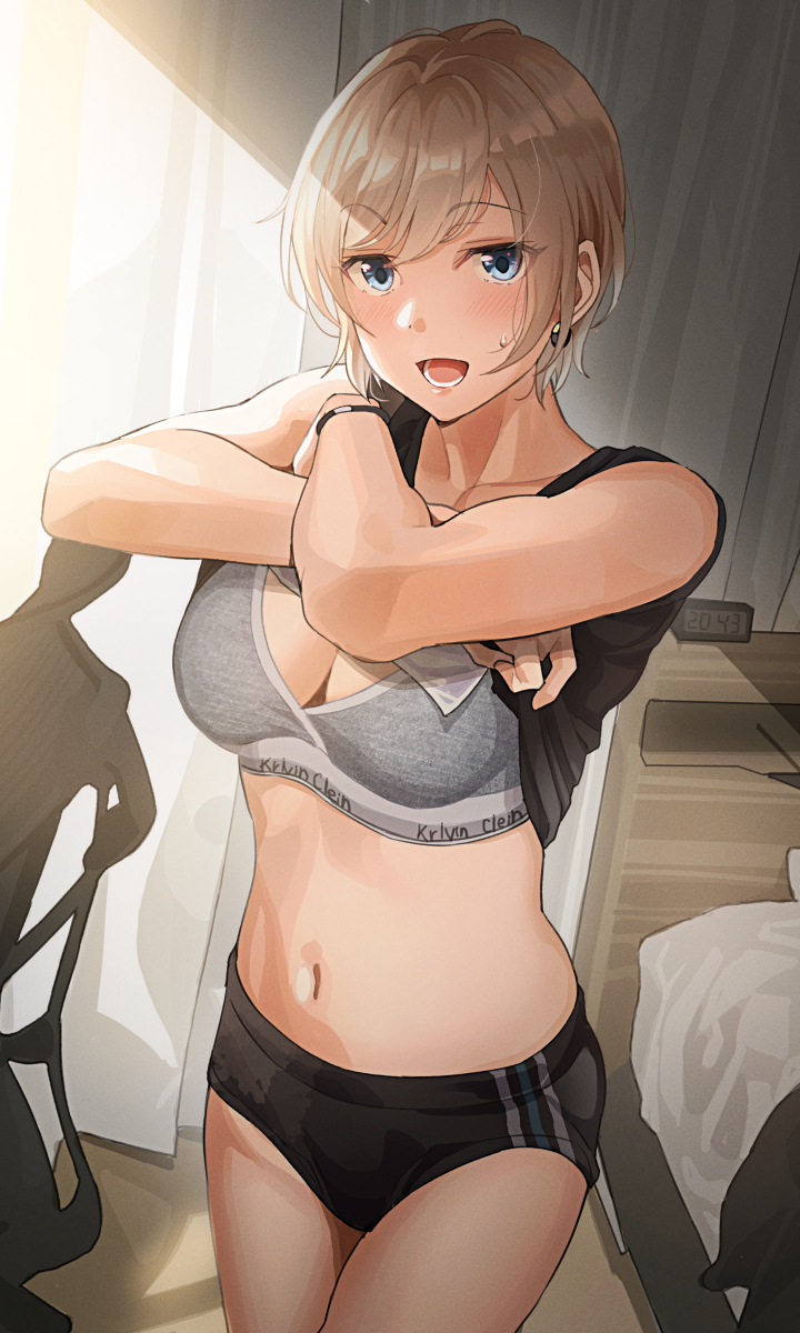 1girl :d bangs bare_arms bed bedroom black_buruma black_shirt blue_eyes blush bra brand_name_imitation breasts buruma chair cleavage clock clothes_lift clothes_on_bed collarbone crossed_arms curtains digital_clock earrings eyebrows_visible_through_hair grey_bra highres jewelry lifted_by_self light_brown_hair looking_at_viewer lower_teeth medium_breasts navel office_chair open_mouth original shirt shirt_lift short_hair sleeveless sleeveless_shirt smile solo striped striped_buruma sweatdrop teeth tipii underwear undressing watch