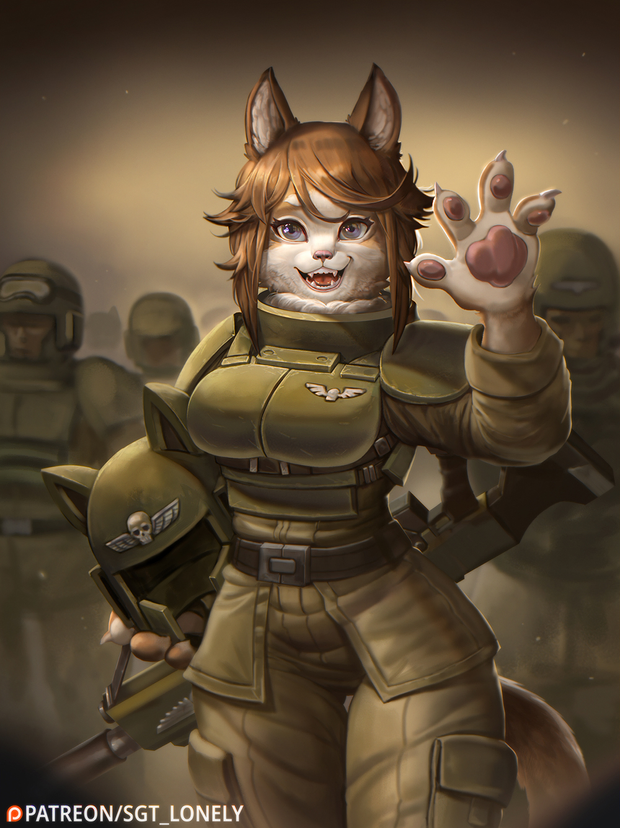 2021 4_fingers anthro armor belt blue_eyes bone bottomwear breasts brown_hair clothing coat detailed_background felinid female fingers gun hair headgear helmet looking_at_viewer open_mouth open_smile pants pink_nose ranged_weapon rifle rifle_sling sgt-lonely sharp_teeth short_hair skull smile solo teeth text topwear warhammer_(franchise) warhammer_40000 weapon