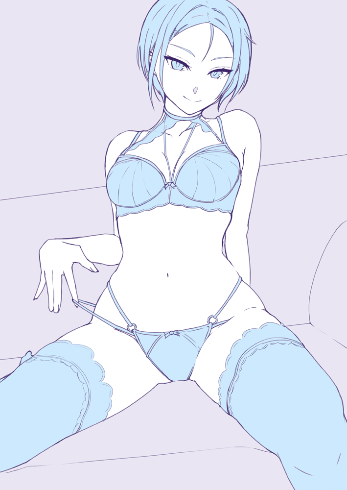 1girl bare_shoulders blue_theme bra breasts closed_mouth hi_iro looking_at_viewer medium_breasts monochrome multi-strapped_bra multi-strapped_panties navel original panties short_hair sitting smile solo thighhighs underwear