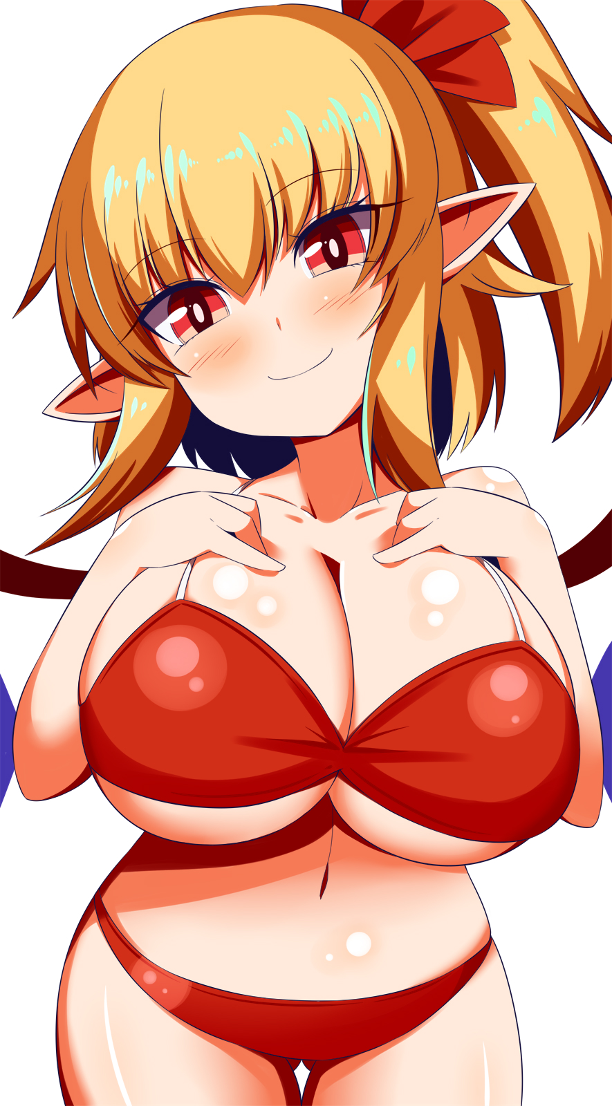 1girl bikini blonde_hair breasts crystal eyebrows eyebrows_visible_through_hair flandre_scarlet highres large_breasts medium_hair navel one_side_up oppai_loli pointy_ears red_eyes simple_background solo swimsuit touhou white_background wings xialu_zajin