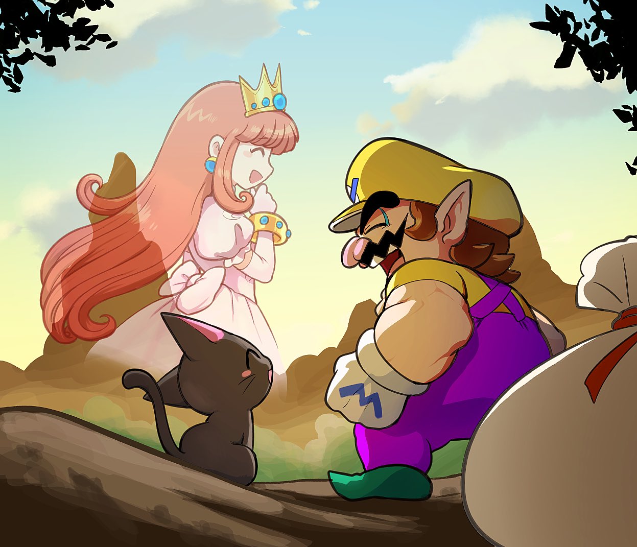 1boy 1girl :d bag black_cat brown_hair cat cloud crown dress earrings english_commentary facial_hair from_behind gloves gradient_sky hoshi_(star-name2000) jewelry long_hair mario_(series) mountain mustache open_mouth outdoors overalls pink_dress pointy_ears purple_overalls red_hair shirt shokora-hime short_hair short_sleeves sky smile wario wario_land wario_land_4 white_gloves yellow_headwear yellow_shirt