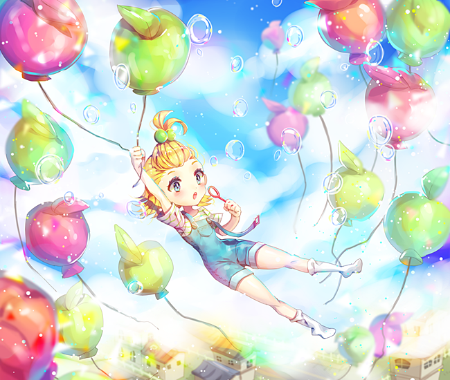 1girl ahoge apple_cookie balloon bangs_pinned_back blonde_hair blue_eyes blush breasts bubble bubble_blowing commentary_request cookie_run humanization short_hair sky snow_sugar_cookie solo soriya translation_request yuki_(dajin)