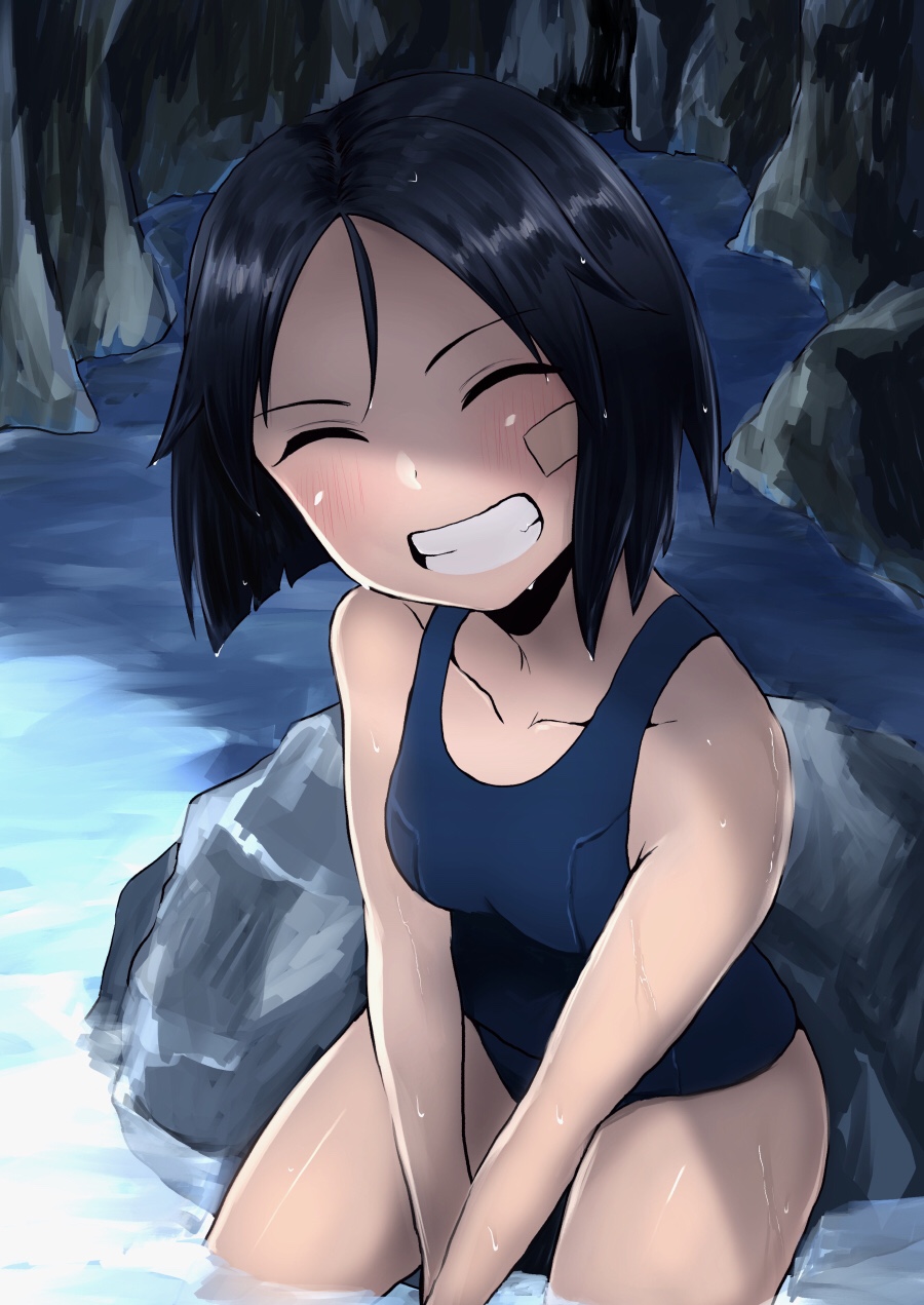 1girl bandage_on_face bandages bangs between_legs black_hair blush brave_witches cave closed_eyes commentary grin hand_between_legs highres kanno_naoe liar_lawyer one-piece_swimsuit rock school_swimsuit short_hair sitting_on_rock smile solo swept_bangs swimsuit teeth wet world_witches_series