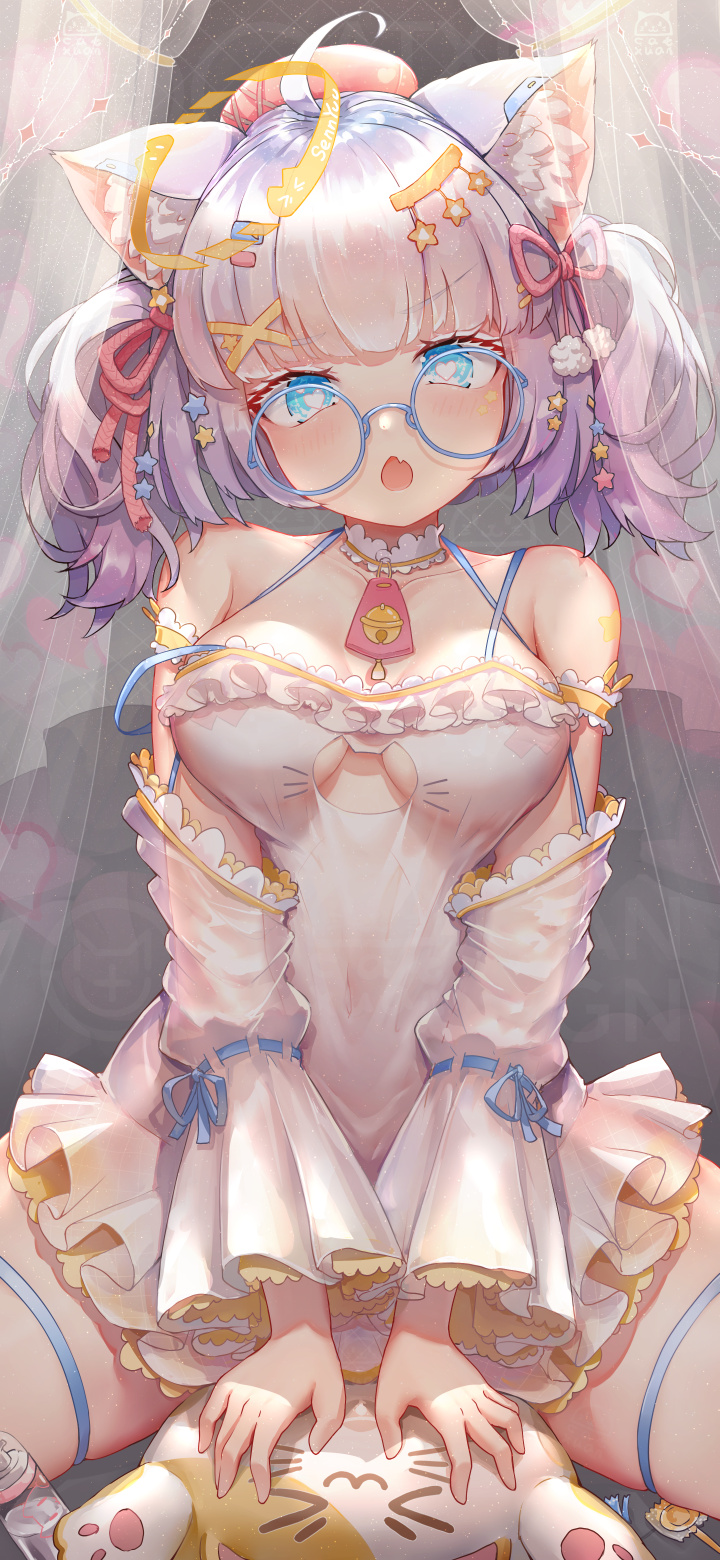 1girl :o ahoge animal_ear_fluff animal_ears artist_logo artist_name bare_shoulders blue_eyes blunt_bangs blush bow breasts cat_ears catxuan chinese_commentary cleavage_cutout clothing_cutout collarbone commentary_request detached_sleeves dress fang glasses hair_ornament halo halterneck heart heart-shaped_pupils highres lace-trimmed_collar lace_trim long_sleeves looking_at_viewer medium_breasts multicolored_hair open_mouth original purple_hair red_headwear round_eyewear short_twintails sitting skin_fang solo star_(symbol) star_hair_ornament streaked_hair symbol-shaped_pupils transparent_curtains twintails white_dress white_hair x_hair_ornament