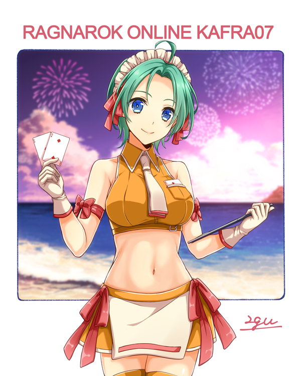 1girl 20nigu ace_(playing_card) ace_of_diamonds aerial_fireworks ahoge apron beach blue_eyes breast_pocket breasts card clipboard closed_mouth cloud commentary_request cowboy_shot crop_top diamond_(shape) fireworks gloves green_hair holding holding_clipboard kafra_uniform large_breasts looking_at_viewer maid maid_headdress midriff miniskirt navel neckerchief ocean orange_shirt orange_skirt orange_thighhighs outdoors parted_bangs playing_card pocket ragnarok_online sampaguita_(ragnarok_online) shirt short_hair signature skirt sleeveless sleeveless_shirt smile solo thighhighs two_of_diamonds white_apron white_gloves white_neckerchief