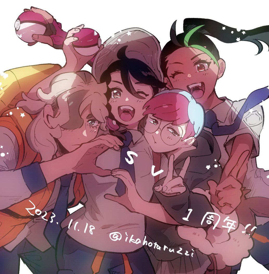 1boy anniversary arven_(pokemon) black_hair blue_hair braid brown_hair collared_shirt glasses green_hair grey_eyes hair_over_one_eye hat holding holding_poke_ball hood hoodie ikahotaru2zi juliana_(pokemon) light_brown_hair long_hair long_sleeves multicolored_hair multiple_girls necktie nemona_(pokemon) one_eye_closed open_clothes open_mouth open_vest penny_(pokemon) poke_ball poke_ball_(basic) pokemon pokemon_sv ponytail purple_necktie red_hair round_eyewear school_uniform shirt short_hair side_braid smile streaked_hair two-tone_hair uva_academy_school_uniform v vest yellow_bag yellow_vest