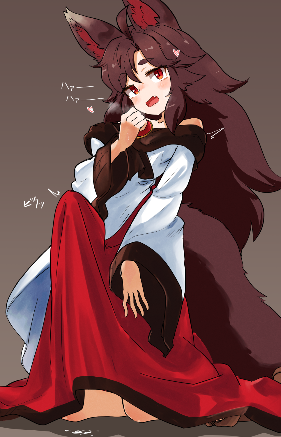 1girl animal_ears bare_shoulders brooch brown_hair bulge dress erection erection_under_clothes futanari highres imaizumi_kagerou jewelry long_hair looking_at_viewer off-shoulder_dress off_shoulder open_mouth red_eyes solo tail touhou uisu_(noguchipint) wide_sleeves wolf_ears wolf_girl wolf_tail