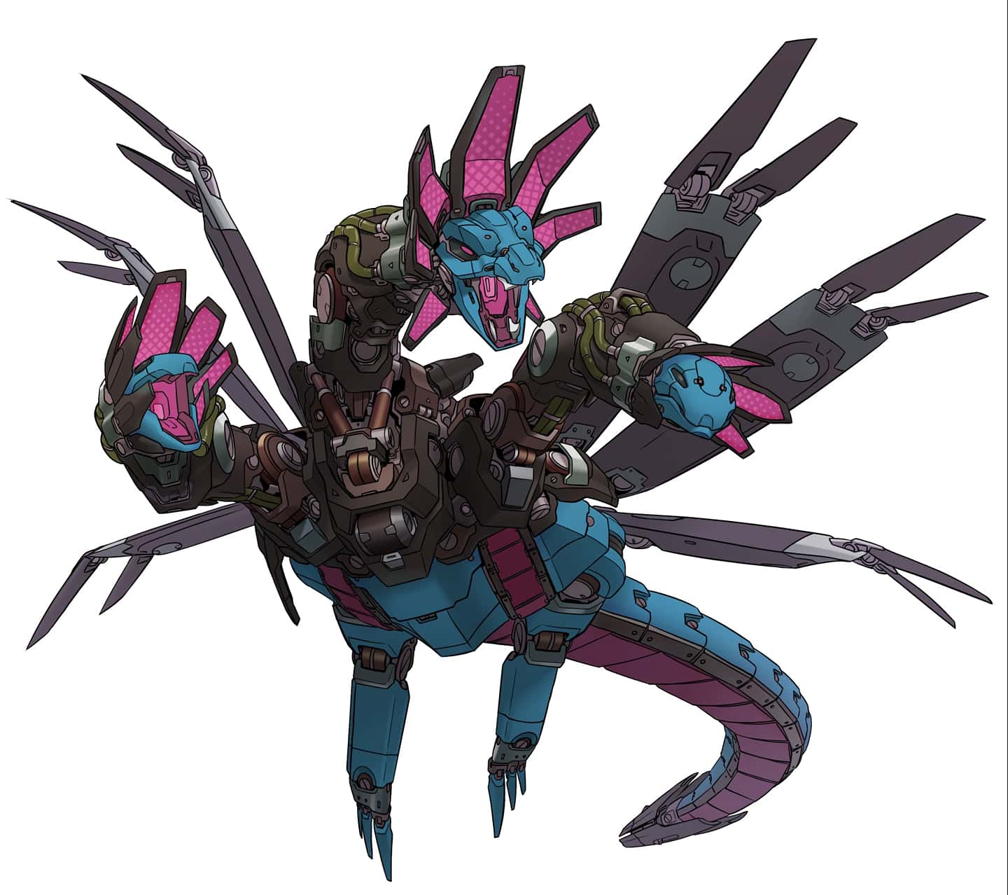 fangs full_body gifer_art highres hydreigon joints mecha mecha_focus mechanical_wings mechanization multiple_heads no_humans non-humanoid_robot open_mouth pink_eyes piston pokemon pokemon_(creature) robot robot_joints science_fiction simple_background solo tail white_background wings