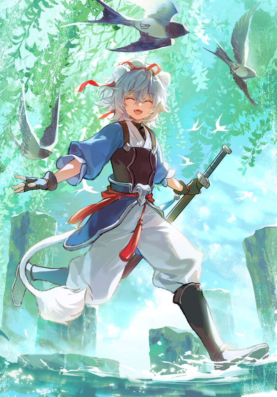 1boy aged_down animal animal_ears armor bird black_footwear black_gloves blue_sleeves boots chest_guard child chinese_clothes closed_eyes cyotsy day facing_viewer fangs fingerless_gloves flock full_body gloves grey_hair happy highres holding holding_sword holding_weapon honkai:_star_rail honkai_(series) jing_yuan knee_boots long_sleeves nature open_mouth outdoors outstretched_arms pants pants_tucked_in sash sky sword tail tassel walking walking_on_liquid weapon white_background white_hair white_pants willow