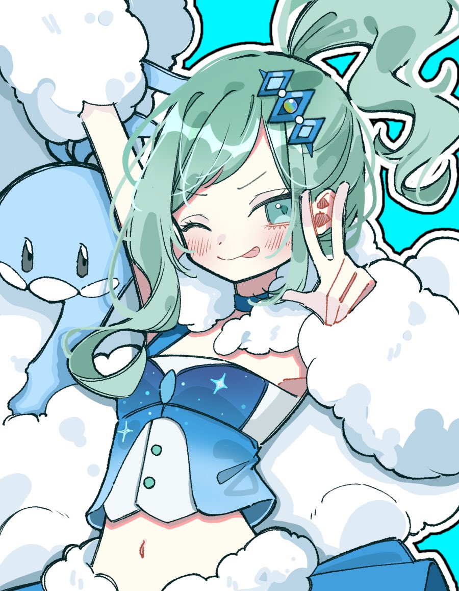 1girl :p altaria aqua_background aqua_eyes aqua_hair bird blue_skin blush buttons cloud colored_skin commentary_request eyelashes fluffy grey_eyes hair_ornament hairclip ino_climate lisia_(pokemon) long_hair midriff navel one_eye_closed pokemon pokemon_(creature) pokemon_oras ponytail simple_background tongue tongue_out w