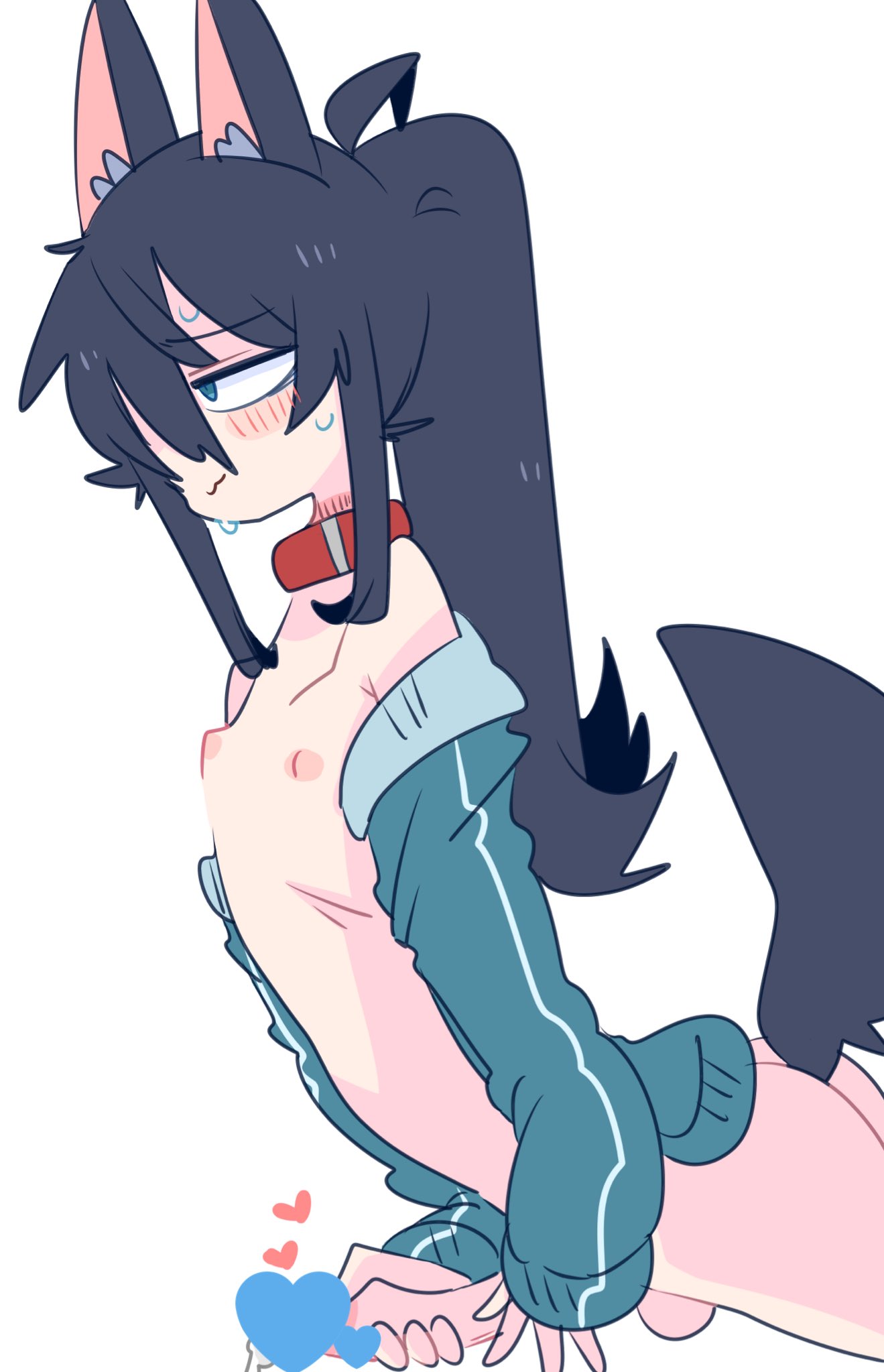 1boy animal_ears ass bare_shoulders black_hair blue_eyes blush censored choker closed_mouth commentary cum cumdrip dog_ears dog_tail flat_chest from_side heart heart_censor highres long_hair male_focus male_masturbation masturbation nipples off_shoulder op_na_yarou original otoko_no_ko ponytail simple_background solo sweat tail testicles white_background zense-kun_(op_na_yarou)