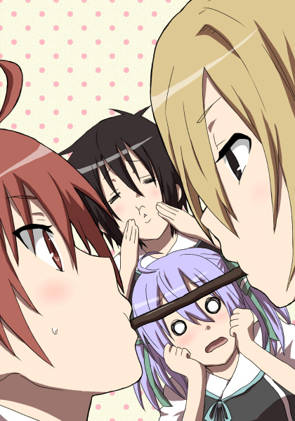 2boys 2girls =_= ahoge akiyanagi_takateru black_hair blonde_hair blush brown_eyes brown_hair closed_eyes food fujiwara_yumeji hair_ribbon hands_on_own_face kirishima_saki_(yumekui_merry) multiple_boys multiple_girls o_o open_mouth pitsuuta pocky pocky_kiss polka_dot polka_dot_background purple_hair red_eyes red_hair ribbon school_uniform shared_food short_hair sweatdrop tachibana_isana twintails yaoi yumekui_merry